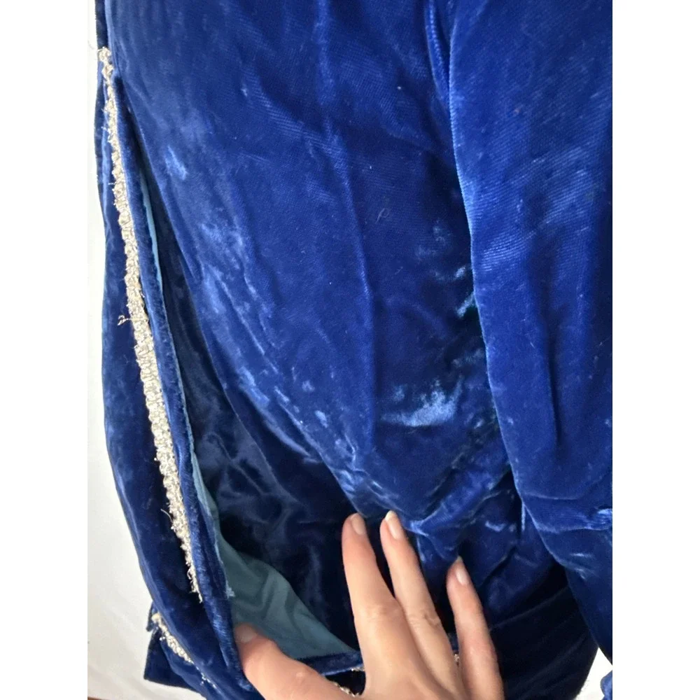 Vintage Royal Blue Velvet Puffer Jacket Hood Metallic Silver Trim, Parka, Medium